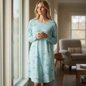 Womens Size S Nightgown Cotton Blend Blue Butterfly Polka Dot Sleep Dress